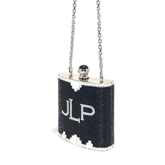 Judith Leiber Logo Rhinestone Flask Crossbody Crystal Clutch Shoulder Bag - Picture 1 of 12